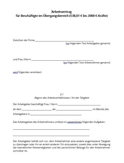 Arbeitsvertrag für Beschäftigte im Übergangsbereich (538,01-Euro- bis 2000-Euro-Kräfte) digital (zum Download)